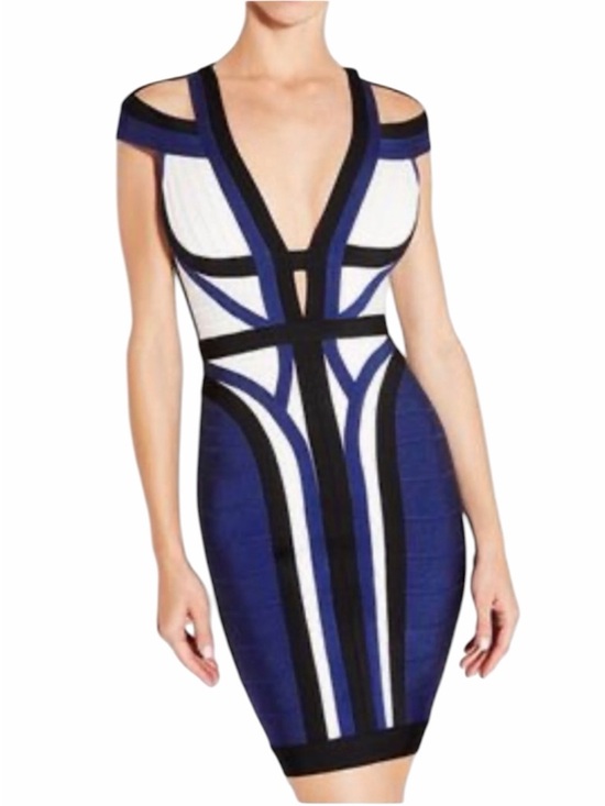 Herve Leger Dresses & Skirts - Herve Leger Blue, Black & White Shoulder Bandage Dress Size S